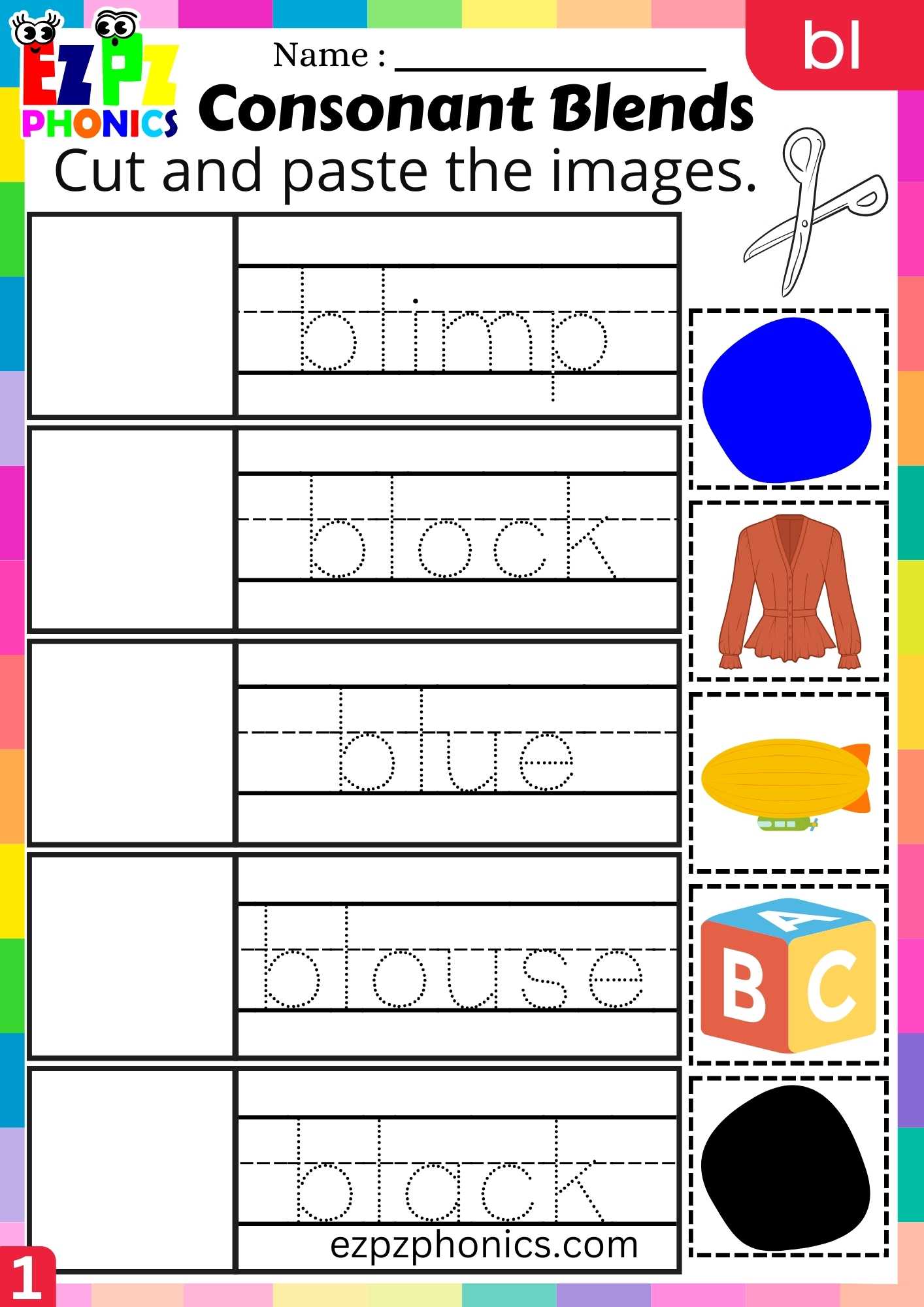 Group1 BL Words Cut And Paste The Images Phonics Consonant Blends Worksheet
